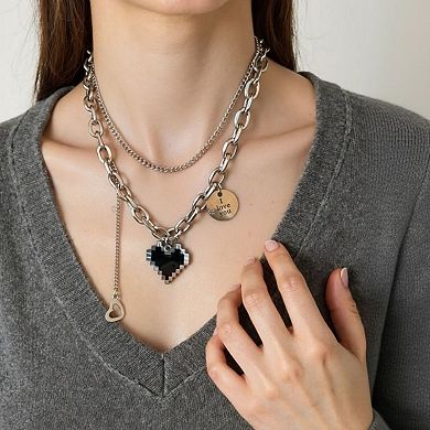 Women's Layered Chain Necklace with Pixel Heart and Engraved Charm Pendants