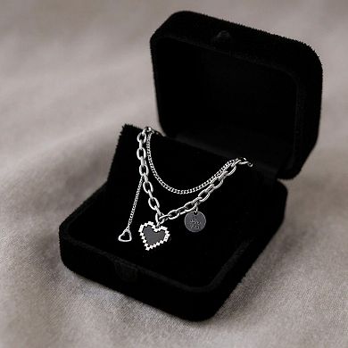Women's Layered Chain Necklace with Pixel Heart and Engraved Charm Pendants