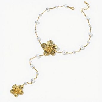 Women's Floral Pearl Drop Necklace with Dual Flower Pendant and Textured Chain Design
