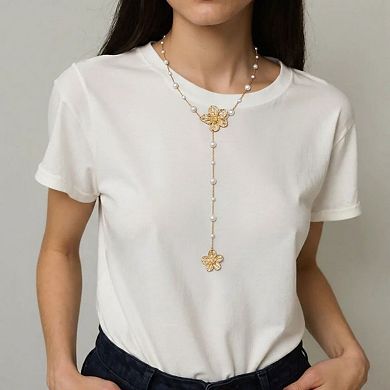 Women's Floral Pearl Drop Necklace with Dual Flower Pendant and Textured Chain Design