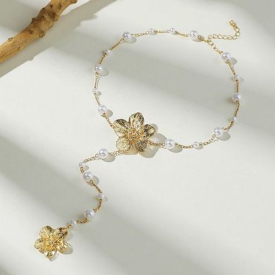 Women's Floral Pearl Drop Necklace with Dual Flower Pendant and Textured Chain Design
