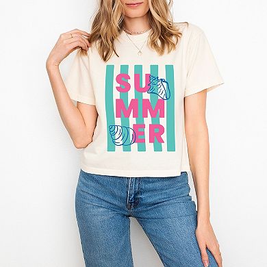 Summer Stripes Seashells - Women's Boxy Crop Top Graphic T-Shirt