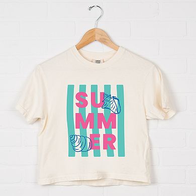 Summer Stripes Seashells - Women's Boxy Crop Top Graphic T-Shirt