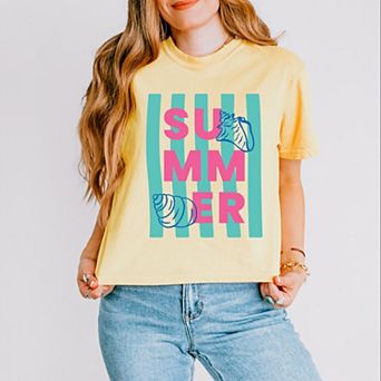 Summer Stripes Seashells - Women's Boxy Crop Top Graphic T-Shirt