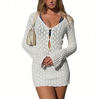 Womens Hollow Out Knit Crochet Keyhole Swim Cover Up Dress Bell Long Sleeve Summer Beach Short Dress