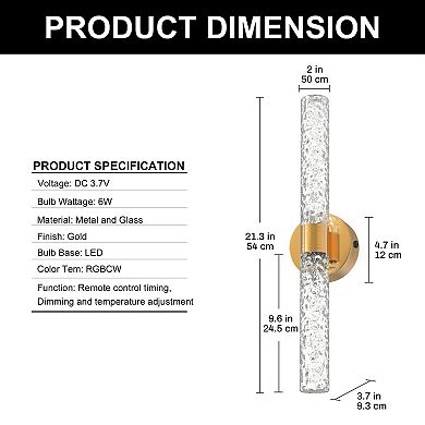 21.3in Rechargeable LED Wall Light 2 Pack Gold Metal Sconce Stone Glass Shade 6W RGBCW Remote