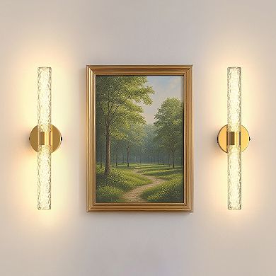 21.3in Rechargeable LED Wall Light 2 Pack Gold Metal Sconce Stone Glass Shade 6W RGBCW Remote