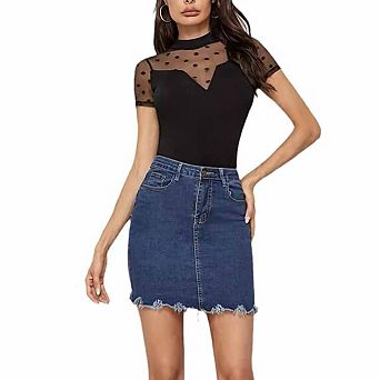 Women's Sheer Mesh Polka Dot Blouse Mock Neck Short Sleeve Slim-Fit Top