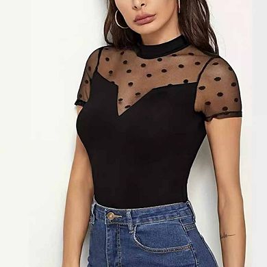 Women's Sheer Mesh Polka Dot Blouse Mock Neck Short Sleeve Slim-Fit Top