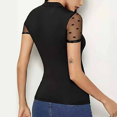 Women's Sheer Mesh Polka Dot Blouse Mock Neck Short Sleeve Slim-Fit Top