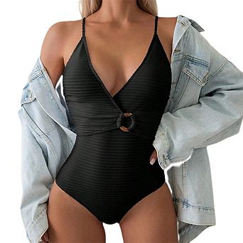 Women's One Piece Swimsuit Bathing Suit Wrapped Back Cut Out Swimwear Bulit in Bra Beach Bikini