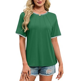 Womens Contrast Trim Pleated Round Neck Boho T-Shirt Short Sleeve Summer Casual Top Loose Fit Blouse