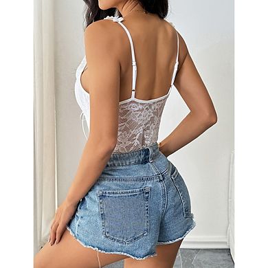 Women Floral Lace Sleeveless Corset Top Lace Shapewear Bodysuit