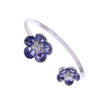 Silvery Tone Double Floral Daisy Pretty Crystal Bracelet Bangle
