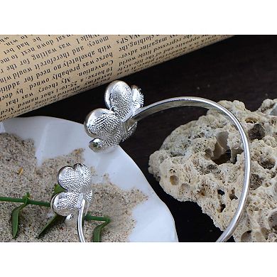 Silvery Tone Double Floral Daisy Pretty Crystal Bracelet Bangle