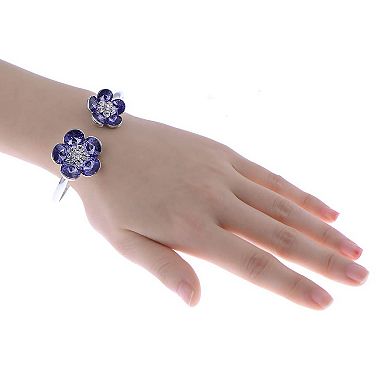 Silvery Tone Double Floral Daisy Pretty Crystal Bracelet Bangle