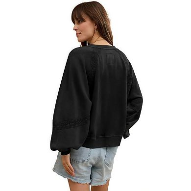 Womens Oversized Sweatshirt Casual V Neck Lace Lantern Long Sleeve Cropped Loose Fit Pullover Tops