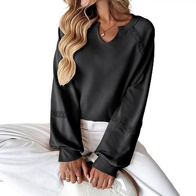 Womens Oversized Sweatshirt Casual V Neck Lace Lantern Long Sleeve Cropped Loose Fit Pullover Tops
