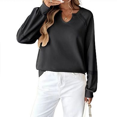 Womens Oversized Sweatshirt Casual V Neck Lace Lantern Long Sleeve Cropped Loose Fit Pullover Tops