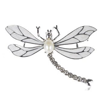 Womens Silvery Tone Faux Pearl Clear Rhinestones White Dragonfly Brooch Pin