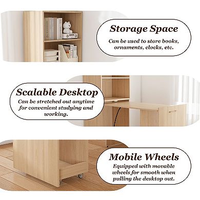 Merax Stretchable desk, office desk with storage shelves and mobile wheels