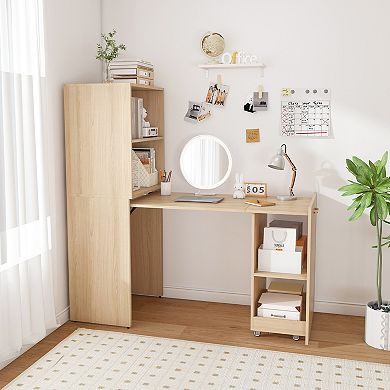 Merax Stretchable desk, office desk with storage shelves and mobile wheels