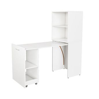 Merax Stretchable desk, office desk with storage shelves and mobile wheels