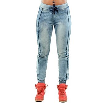 Women's Blue Knit French Terry Stretch Denim Jogger Pants