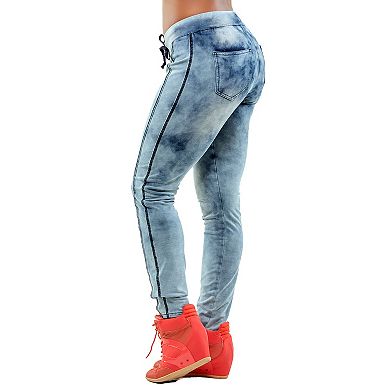 Women's Blue Knit French Terry Stretch Denim Jogger Pants