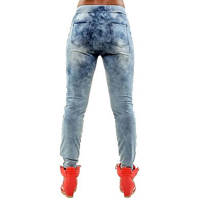 Women's Blue Knit French Terry Stretch Denim Jogger Pants