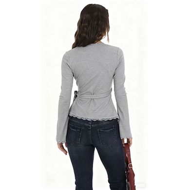 Women's Y2K Lace Trim Wrap Top V Neck Bell Sleeve Blouse
