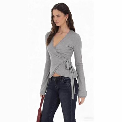 Women's Y2K Lace Trim Wrap Top V Neck Bell Sleeve Blouse