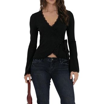 Women's Y2K Lace Trim Wrap Top V Neck Bell Sleeve Blouse