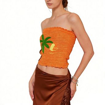 Women's Casual Palm Tree Print Crochet Tube Top Beach Cover-Up Vacation Top