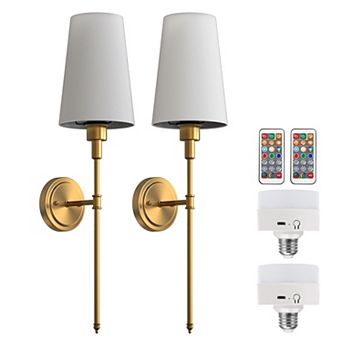 27 in Rechargeable Wall Sconce 2 Pack Gold Metal Cordless Fabric Shade Remote RGBCW Dimmable