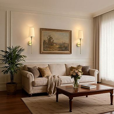 27in Rechargeable Wall Sconce 2 Pack Gold Metal Cordless Fabric Shade Remote RGBCW Dimmable