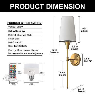 27in Rechargeable Wall Sconce 2 Pack Gold Metal Cordless Fabric Shade Remote RGBCW Dimmable