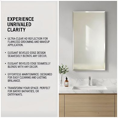 KSIZUIS Frameless Beveled Wall Mirror - 24"x16" Rectangle for Bathroom, Vanity & Entryway