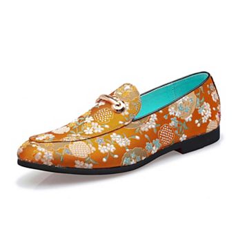 Men's Orange Floral Print Loafers Patterned Slip-On Dress Shoes