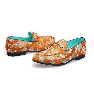Men's Orange Floral Print Loafers Patterned Slip-On Dress Shoes