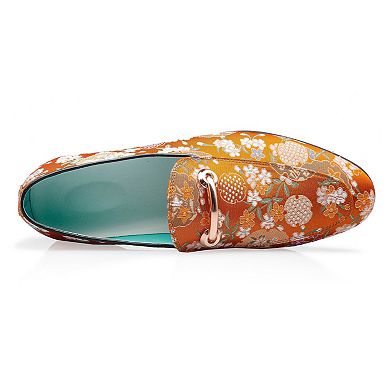 Men's Orange Floral Print Loafers Patterned Slip-On Dress Shoes