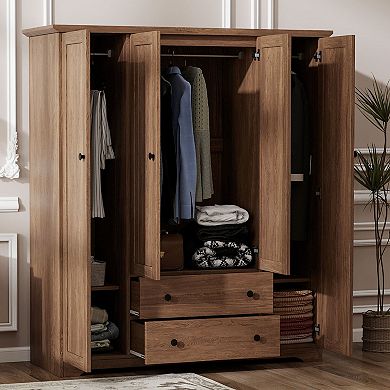 Pnronnc Wardrobe Closet with 4 Door and 2 Drawers Mulit-hanging Rail