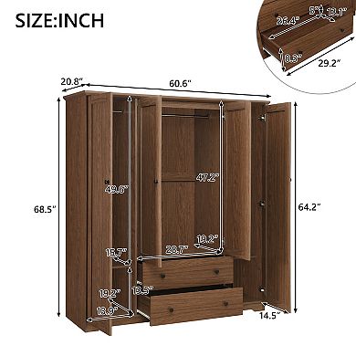 Pnronnc Wardrobe Closet with 4 Door and 2 Drawers Mulit-hanging Rail