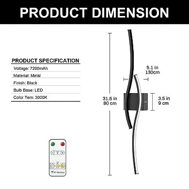31.5in Rechargeable LED Wall Lights 2 Pack Matte Black RF Remote Dimmable 3000K 7200mAh
