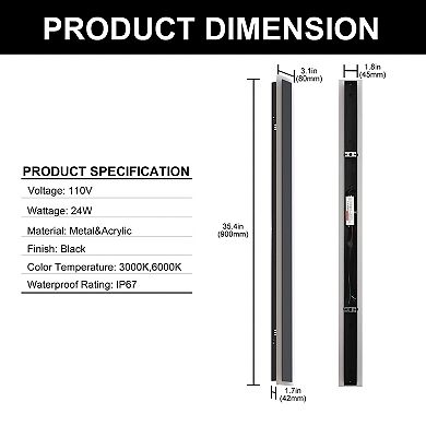 35.4in Linear Outdoor Light Black IP67 Waterproof Switch 24W LED 2CCT 3000K 6000K for Garage