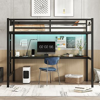GOODSILO Twin XL Metal Loft Bed with Desk and Built-In Power Outlet