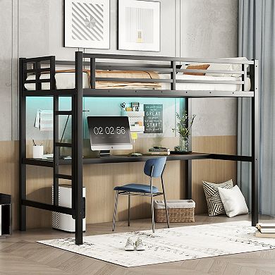 GOODSILO Twin XL Metal Loft Bed with Desk and Built-In Power Outlet