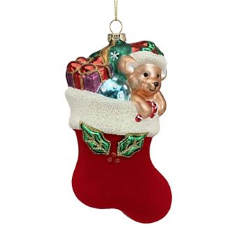 St. Nicholas Square® Glass Bear Christmas Ornament with Santa Hat in Stocking