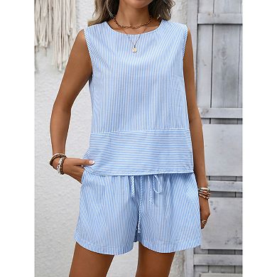 Women's Striped 2-Piece Outfit, Sleeveless Tank Top & Elastic Drawstring Shorts Loungewear