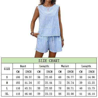 Women's Striped 2-Piece Outfit, Sleeveless Tank Top & Elastic Drawstring Shorts Loungewear